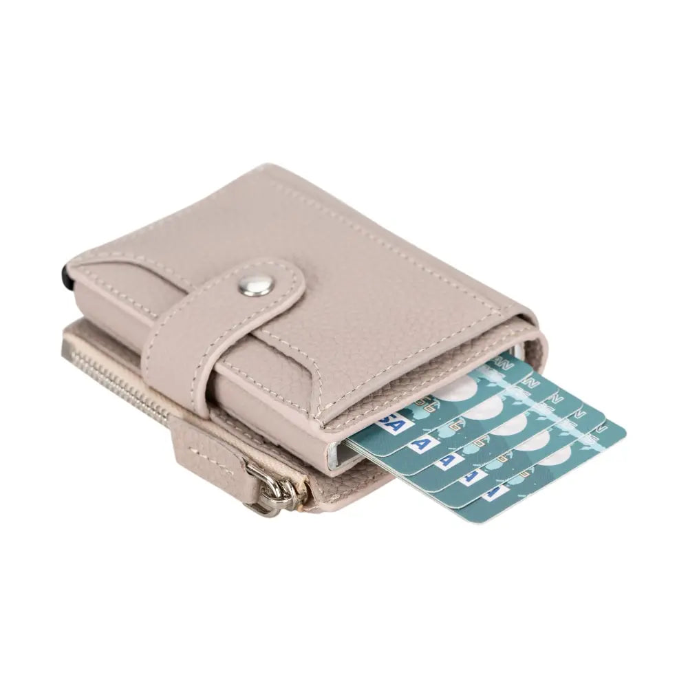 Beige Leather Pop Up Card Wolder Wallet with Zipper Closure Coin Holder Slot – Bomonti