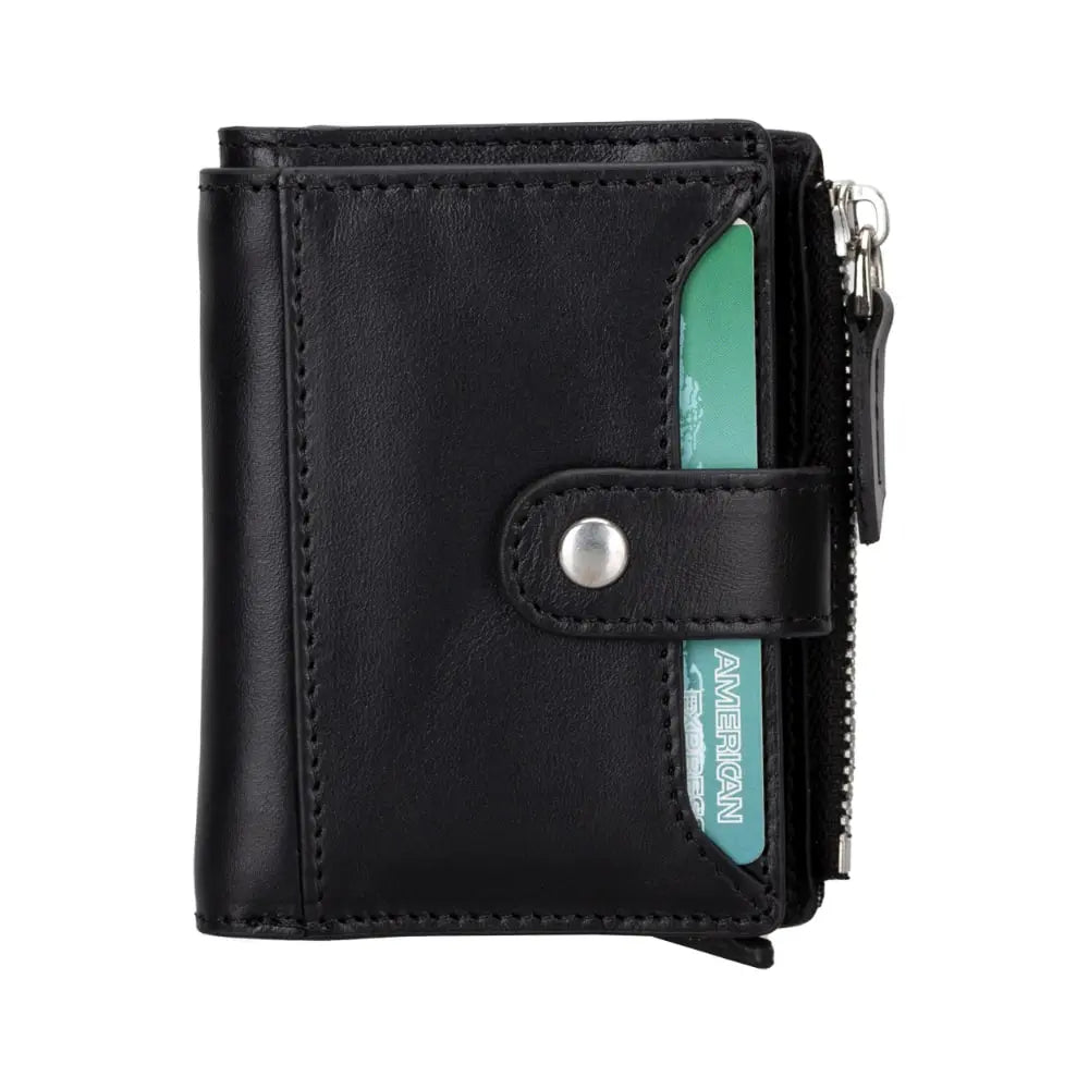 Black Leather Pop Up Card Wolder Wallet with Zipper Closure Coin Holder Slot – Bomonti