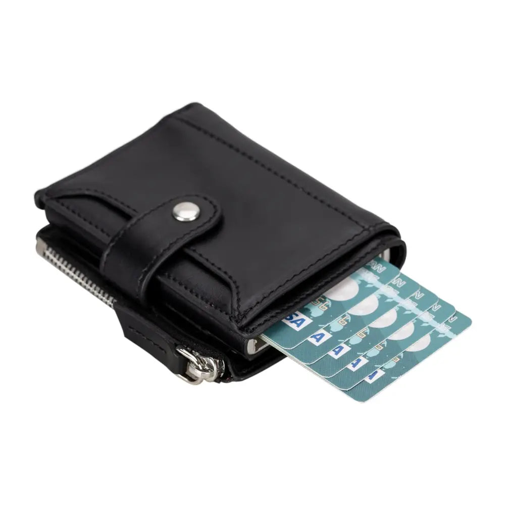 Black Leather Pop Up Card Wolder Wallet with Zipper Closure Coin Holder Slot – Bomonti
