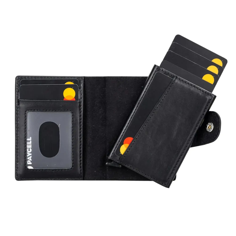 Black Leather Pop-Up RFID Blocking Detachable Cardholder Wallet - Bomonti Goods