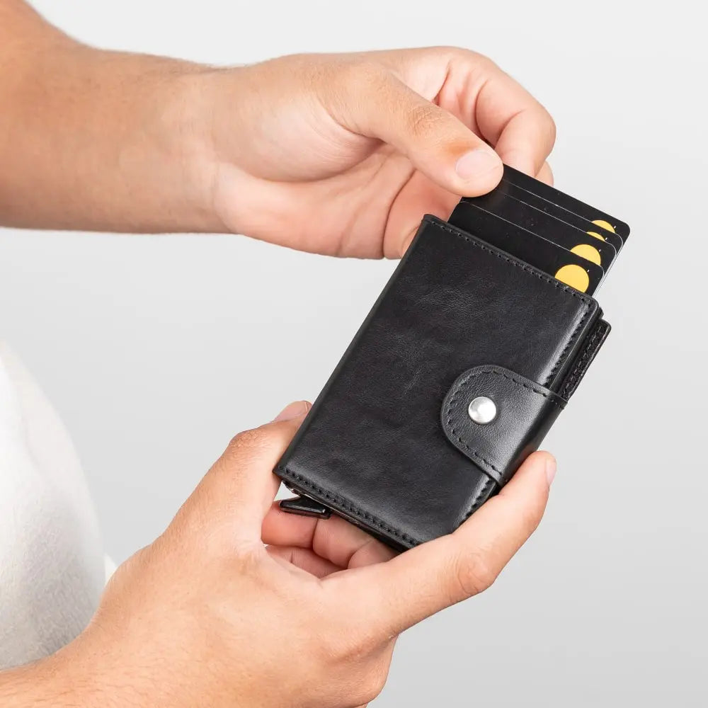 Black Leather Pop-Up RFID Blocking Detachable Cardholder Wallet - Bomonti Goods