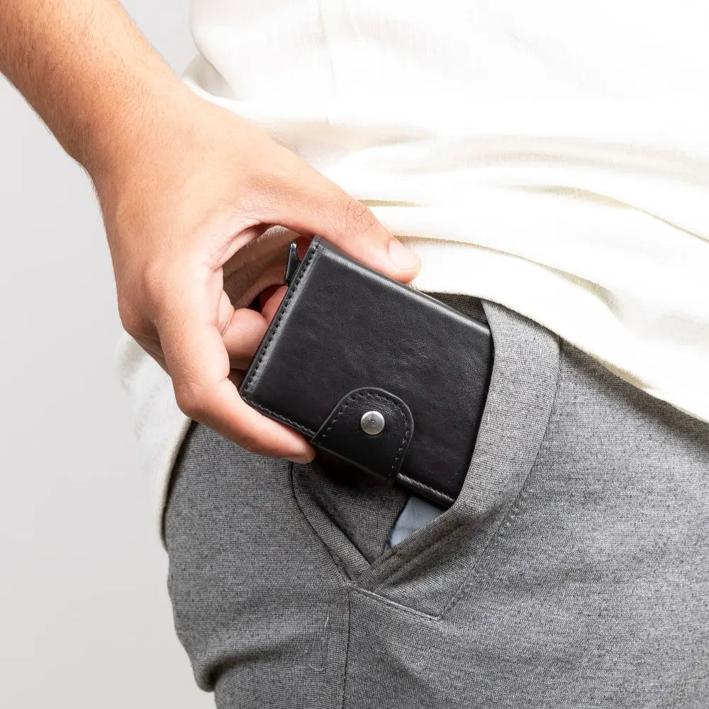 Black Leather Pop-Up RFID Blocking Detachable Cardholder Wallet - Bomonti Goods
