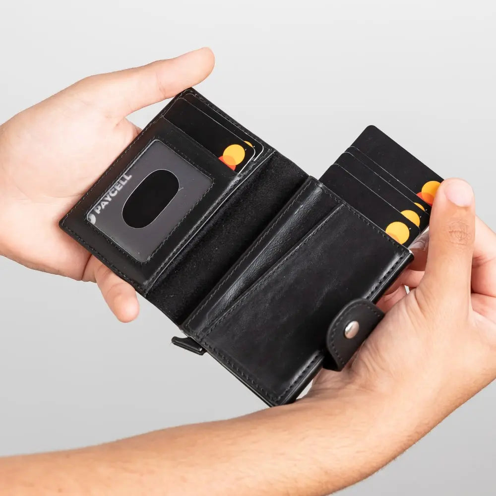 Black Leather Pop-Up RFID Blocking Detachable Cardholder Wallet - Bomonti Goods
