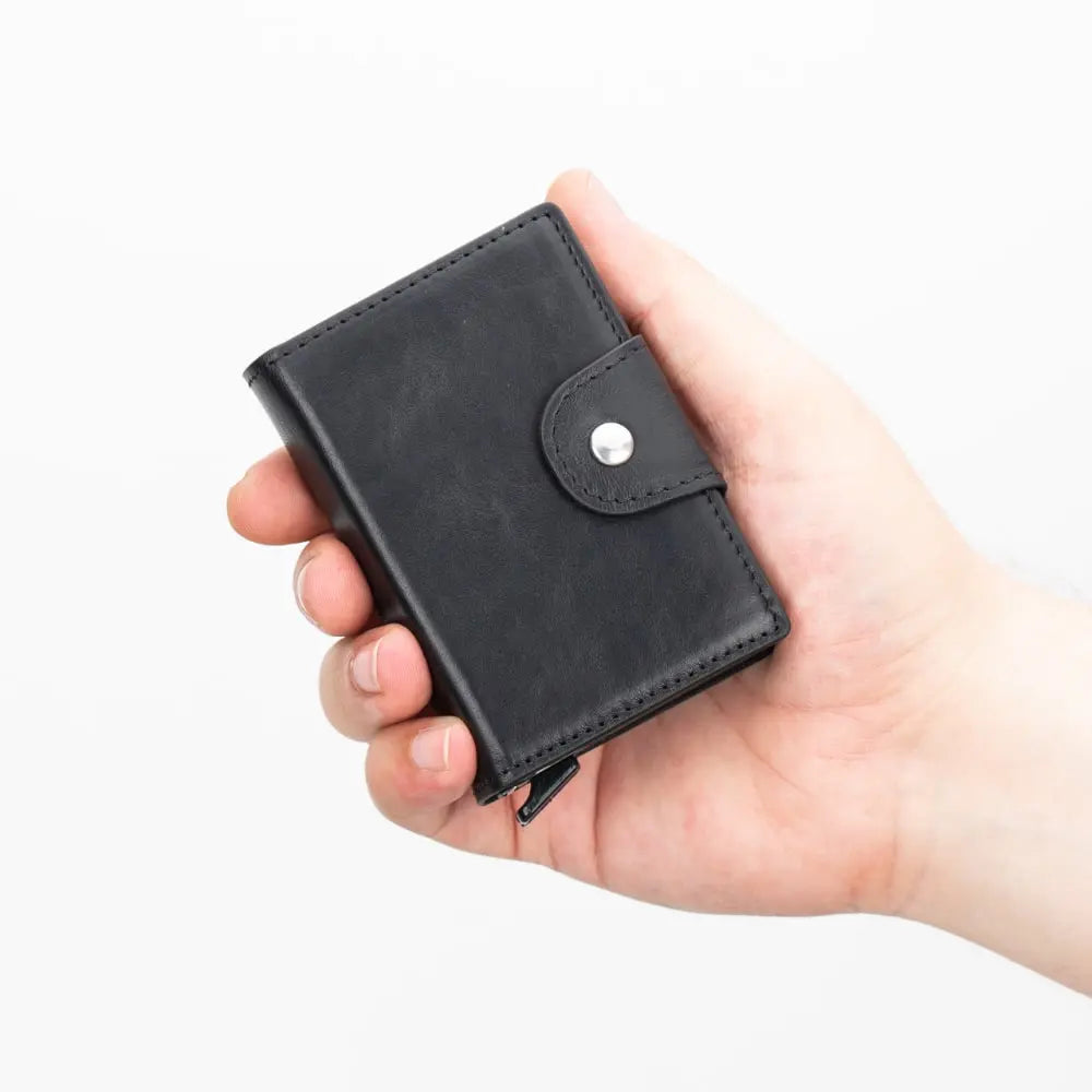 Black Leather Pop-Up RFID Blocking Detachable Cardholder Wallet - Bomonti Goods
