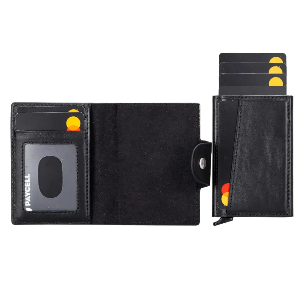 Black Leather Pop-Up RFID Blocking Detachable Cardholder Wallet - Bomonti Goods
