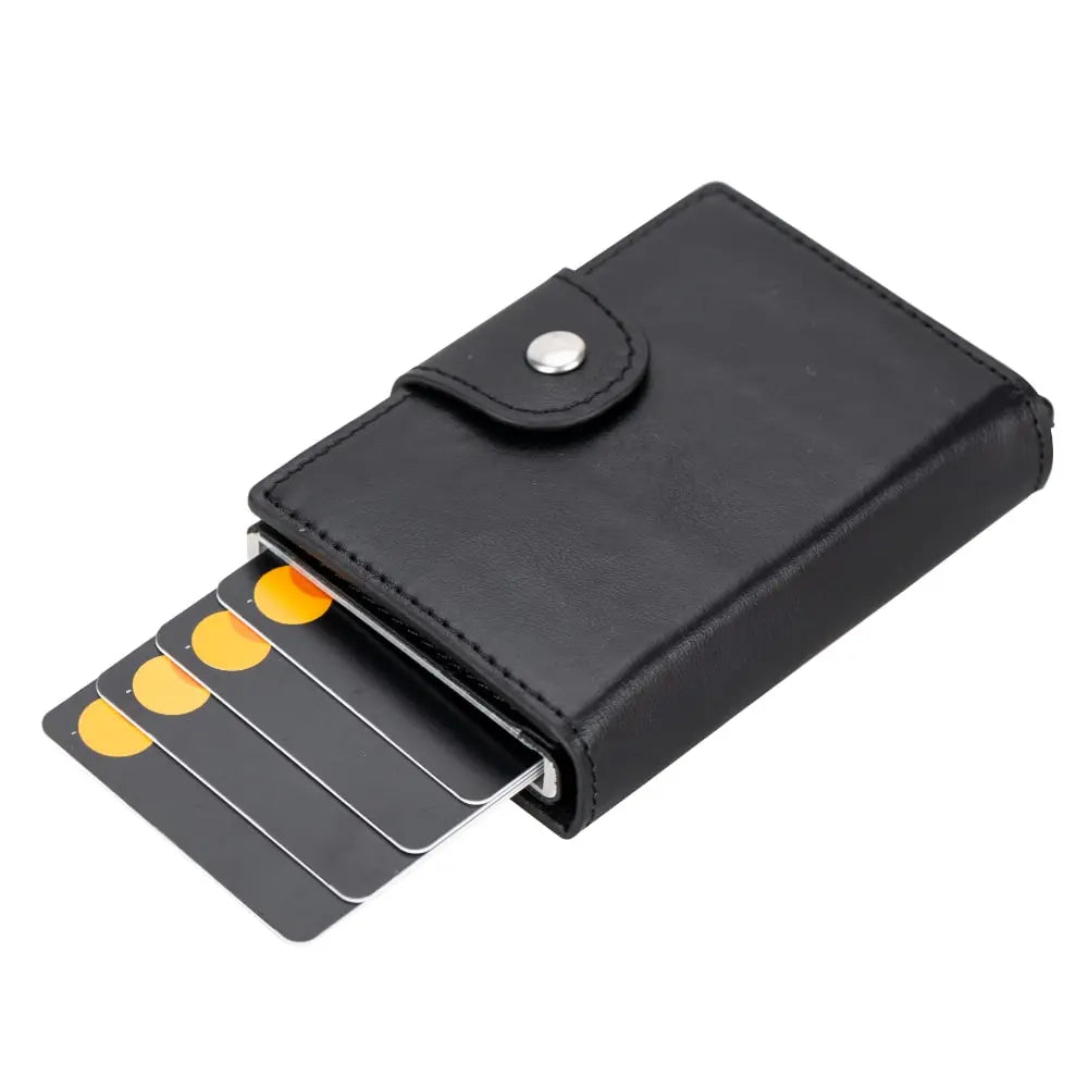 Black Leather Pop-Up RFID Blocking Detachable Cardholder Wallet - Bomonti Goods