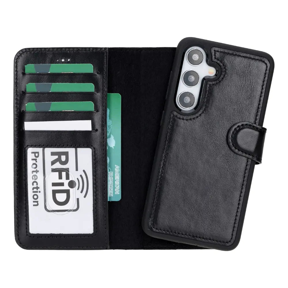 Black Leather Samsung Galaxy S24 Plus Detachable Wallet Case with Card Holder - Bomonti