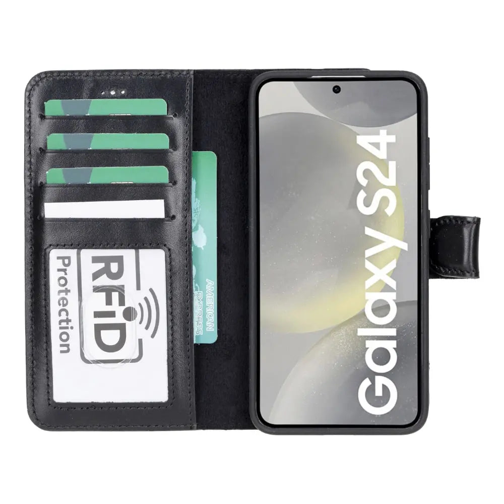 Black Leather Samsung Galaxy S24 Plus Detachable Wallet Case with Card Holder - Bomonti