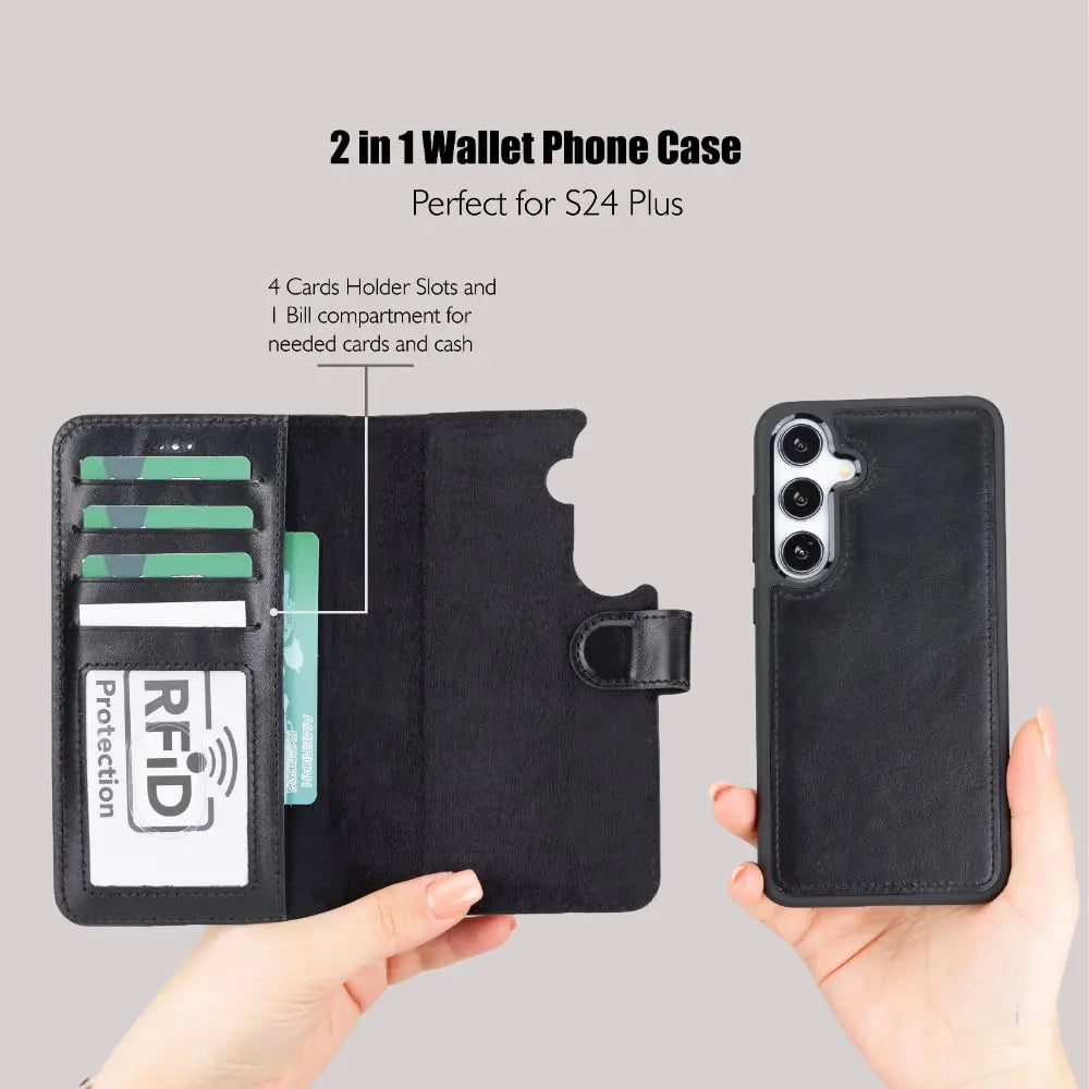 Black Leather Samsung Galaxy S24 Plus Detachable Wallet Case with Card Holder - Bomonti