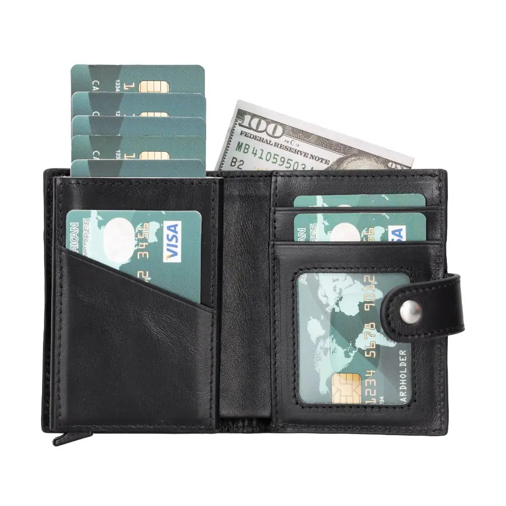 Black Leather Wallet with Pup-Up Card Holder Mechanism AirTag Holder Integrated - Bomonti