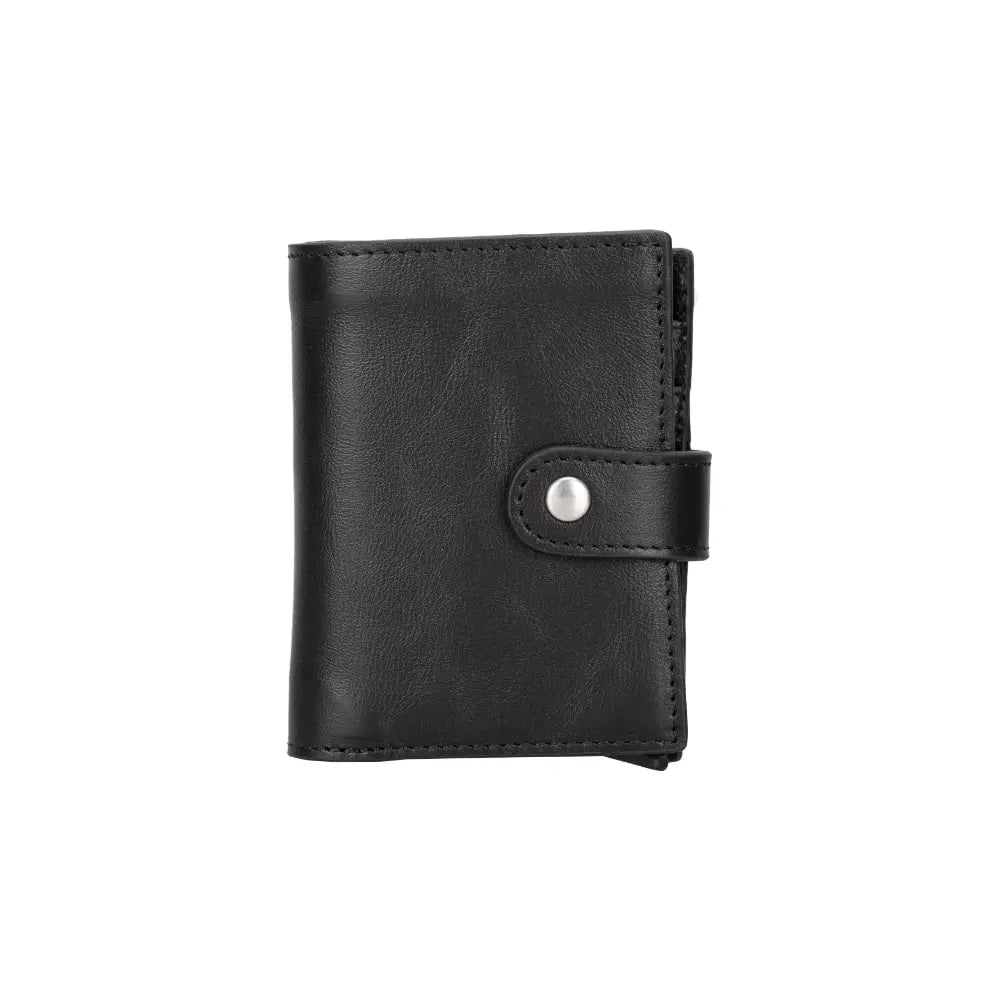 Black Leather Wallet with Pup-Up Card Holder Mechanism AirTag Holder Integrated - Bomonti