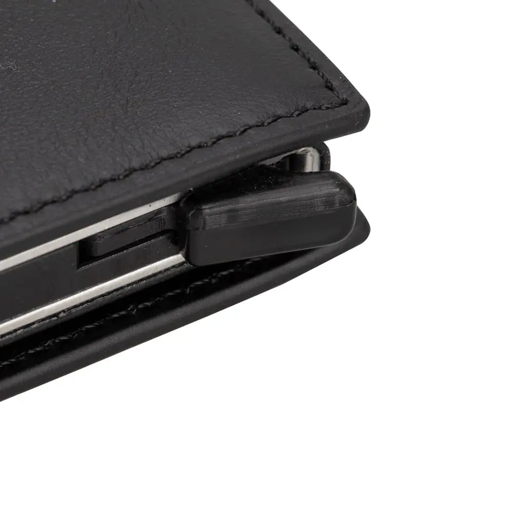 Black Leather Wallet with Pup-Up Card Holder Mechanism AirTag Holder Integrated - Bomonti