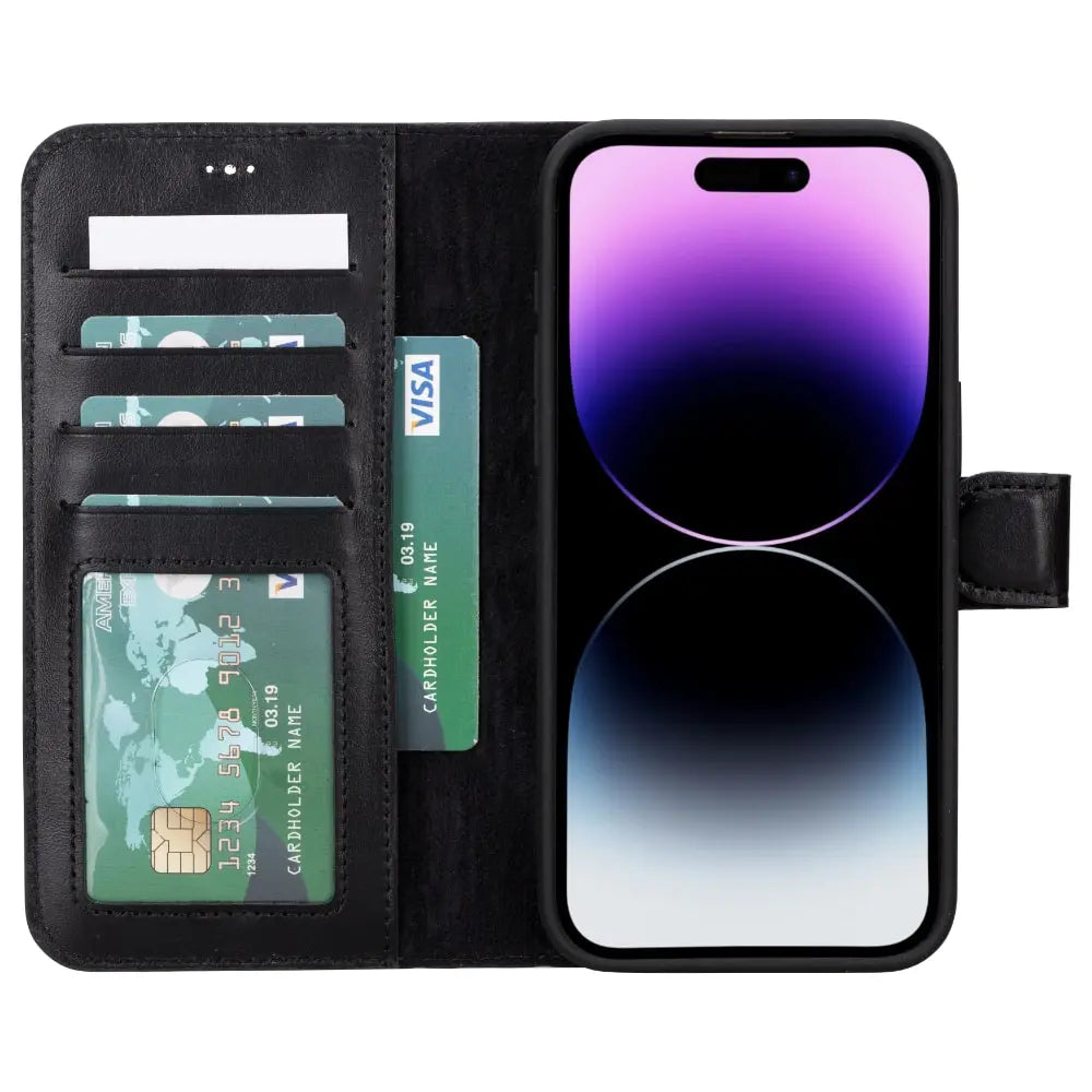 Black Leather iPhone 16 Pro Max Detachable Card Holder Wallet Case with Magsafe - Bomonti