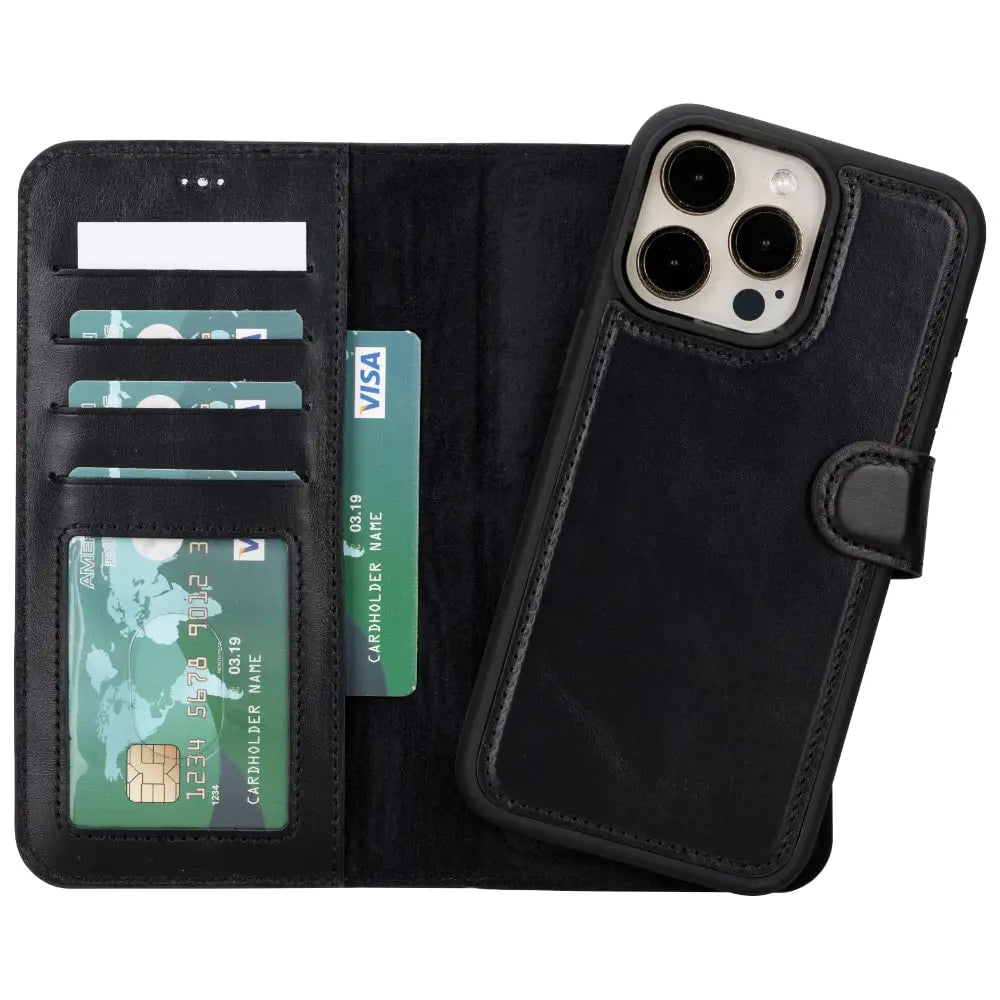 Black Leather iPhone 16 Pro Max Detachable Card Holder Wallet Case with Magsafe - Bomonti