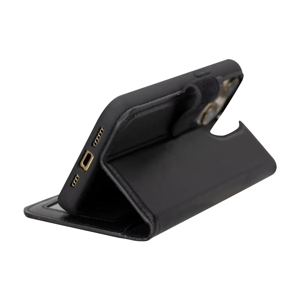 Black Leather iPhone 16 Pro Max Detachable Card Holder Wallet Case with Magsafe - Bomonti