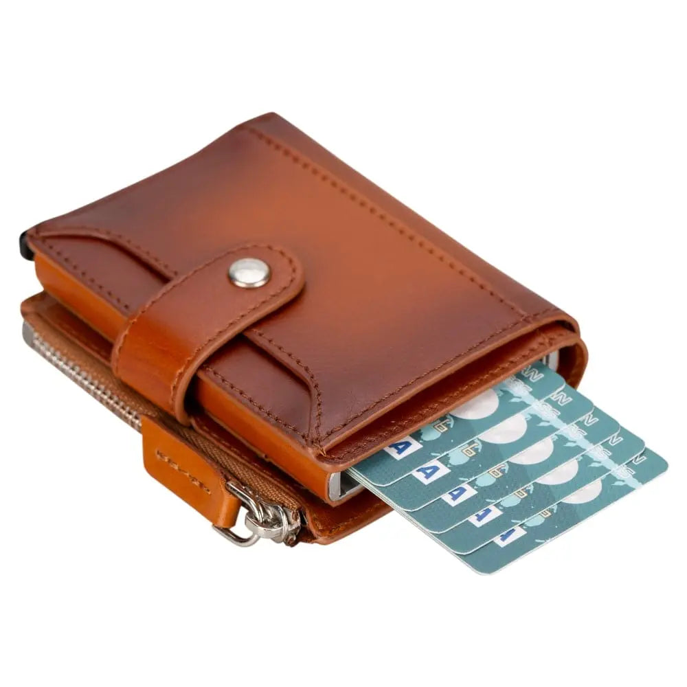 Brown Leather Pop Up Card Wolder Wallet with Zipper Closure Coin Holder Slot – Bomonti
