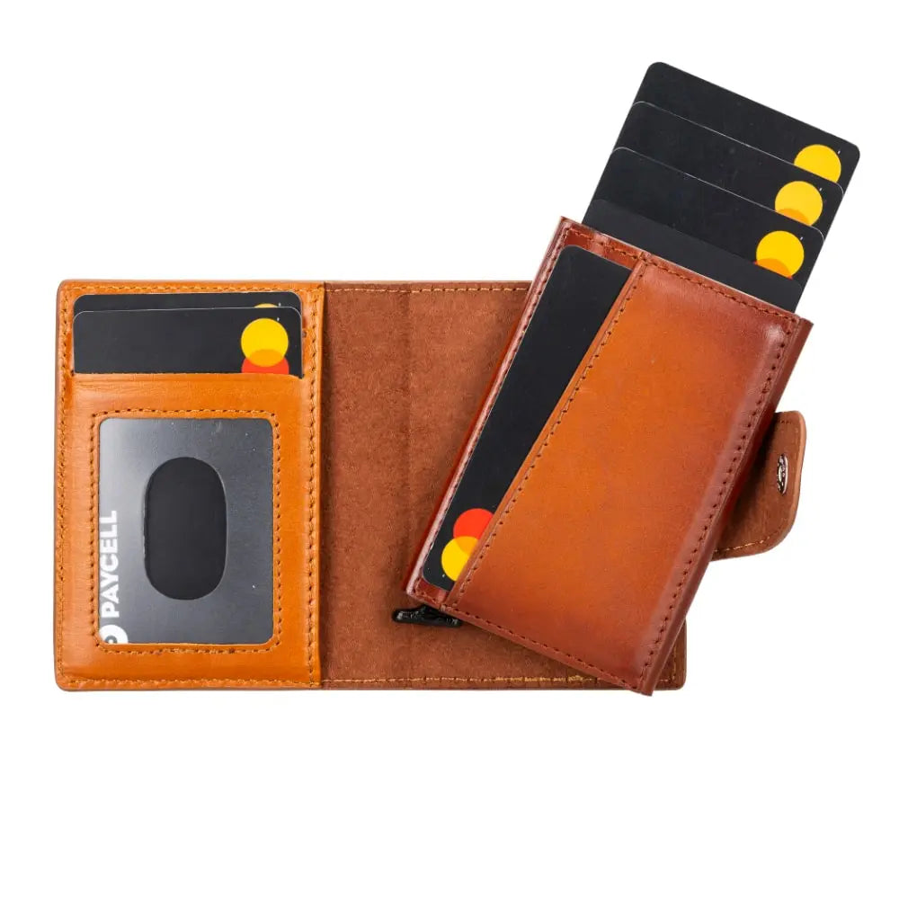Brown Leather Pop-Up RFID Blocking Detachable Cardholder Wallet - Bomonti Goods