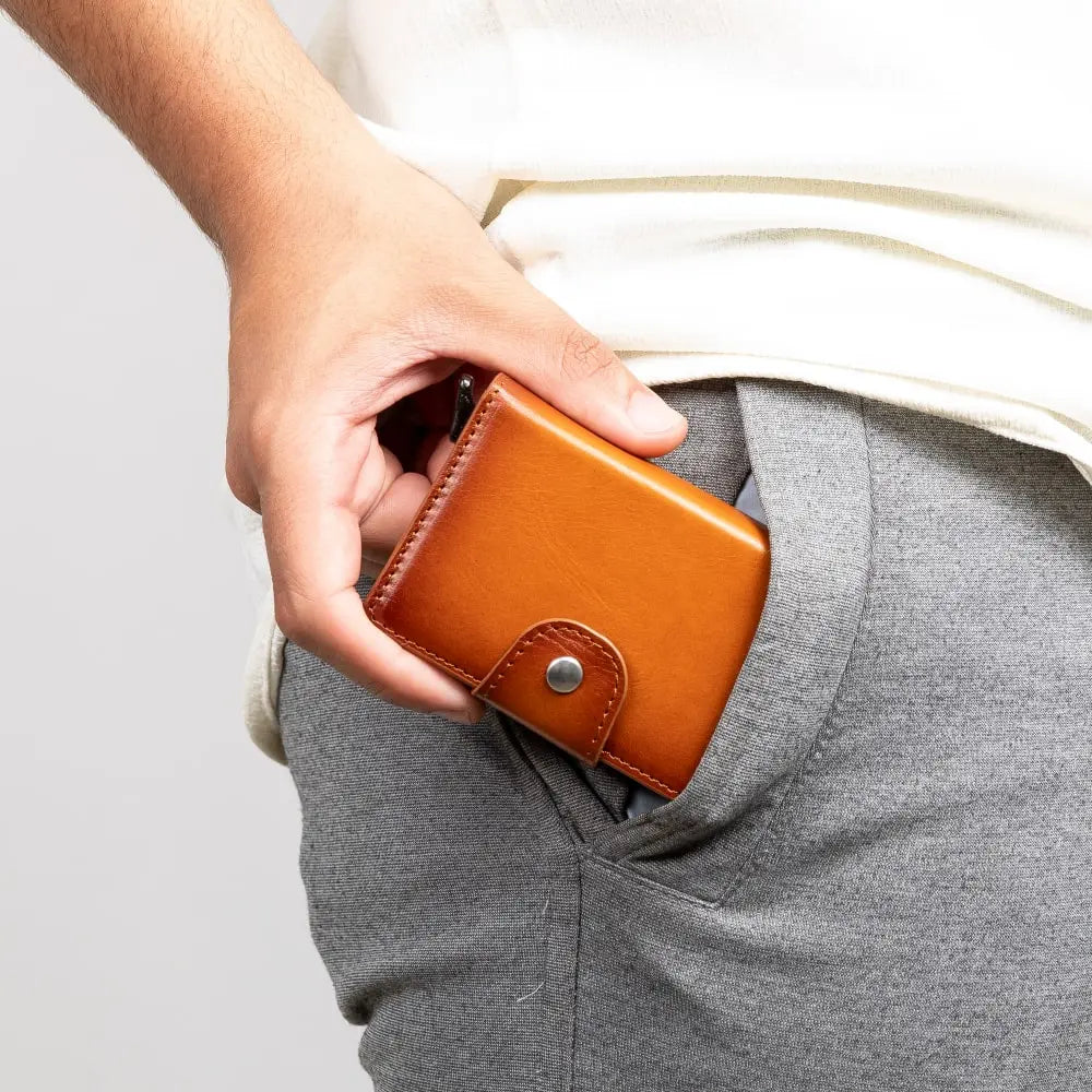 Brown Leather Pop-Up RFID Blocking Detachable Cardholder Wallet - Bomonti Goods