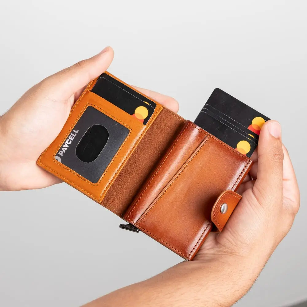 Brown Leather Pop-Up RFID Blocking Detachable Cardholder Wallet - Bomonti Goods