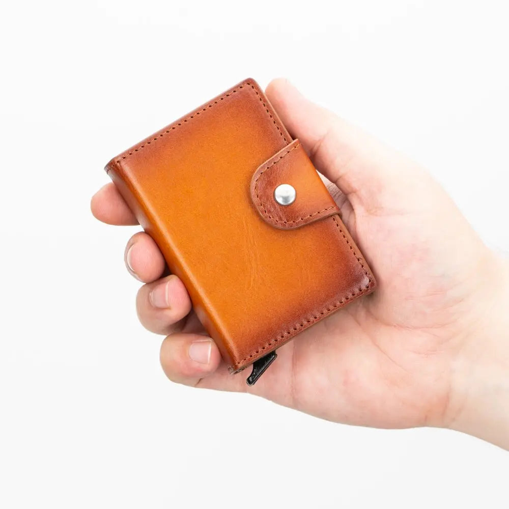 Brown Leather Pop-Up RFID Blocking Detachable Cardholder Wallet - Bomonti Goods