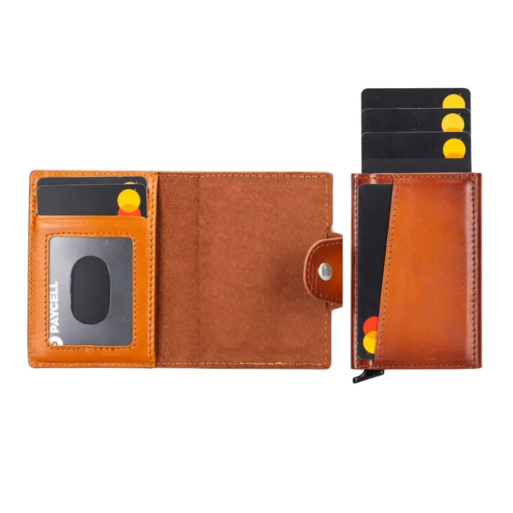 Brown Leather Pop-Up RFID Blocking Detachable Cardholder Wallet - Bomonti Goods