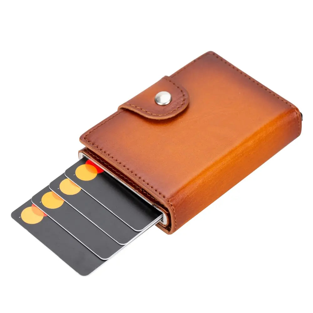 Brown Leather Pop-Up RFID Blocking Detachable Cardholder Wallet - Bomonti Goods