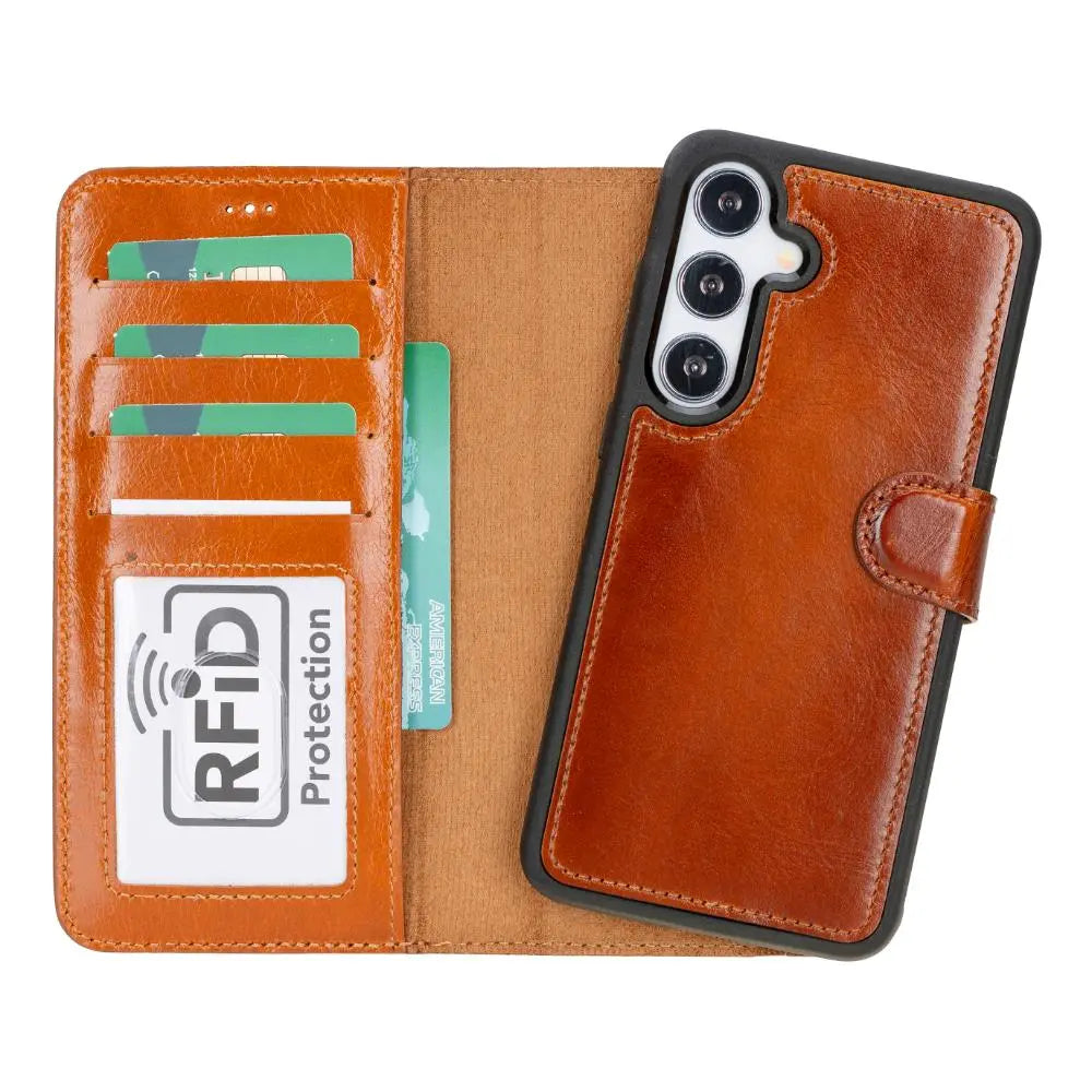 Brown Leather Samsung Galaxy S24 Plus Detachable Wallet Case with Card Holder - Bomonti