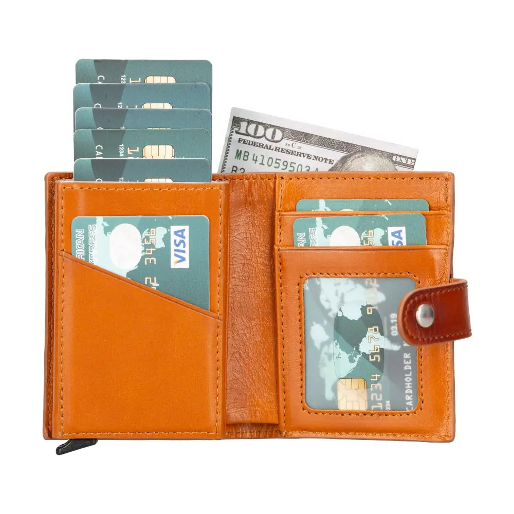 Brown Leather Wallet with Pup-Up Card Holder Mechanism AirTag Holder Integrated - Bomonti