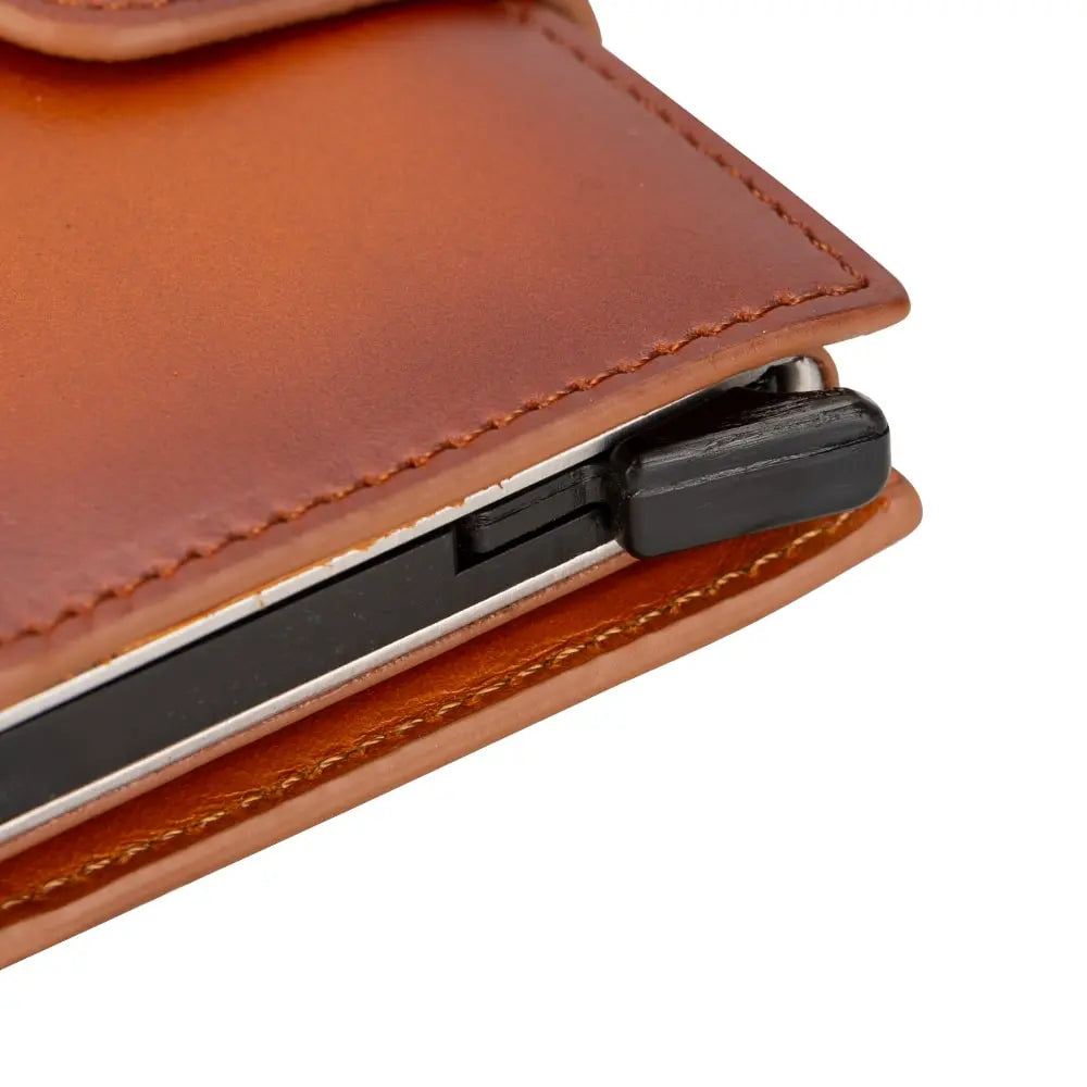 Brown Leather Wallet with Pup-Up Card Holder Mechanism AirTag Holder Integrated - Bomonti