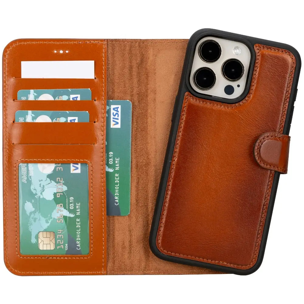 Brown Leather iPhone 15 Pro max Detachable Card Holder Wallet Case with Magsafe-Bomonti