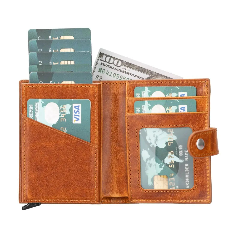 Tan Brown Leather Wallet with Pup-Up Card Holder Mechanism AirTag Holder Integrated - Bomonti