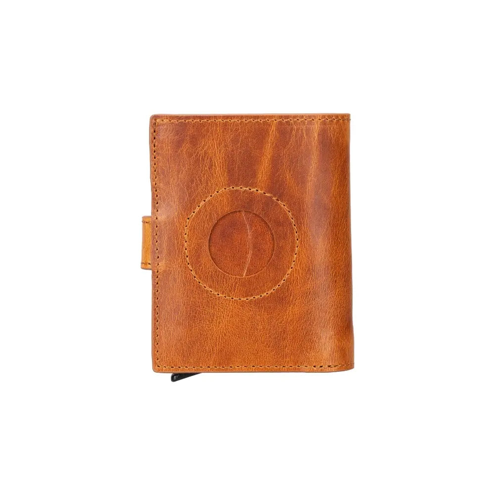 Tan Brown Leather Wallet with Pup-Up Card Holder Mechanism AirTag Holder Integrated - Bomonti