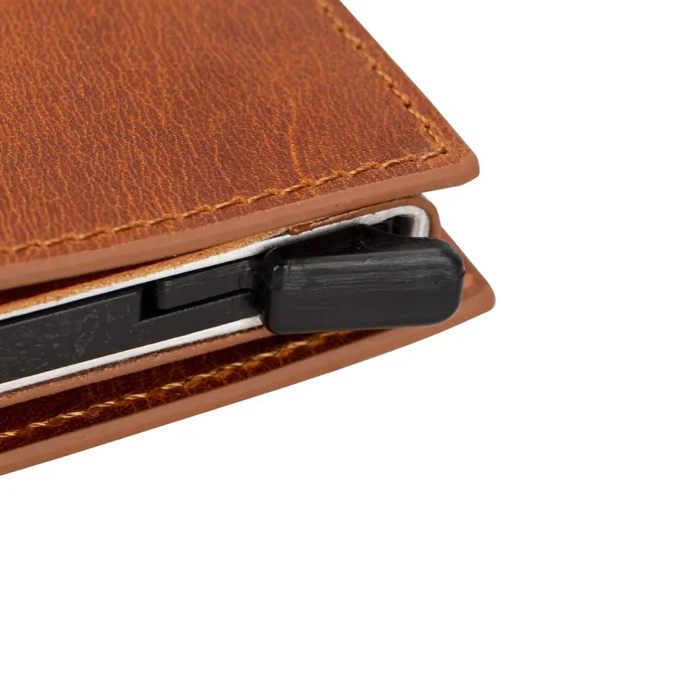 Tan Brown Leather Wallet with Pup-Up Card Holder Mechanism AirTag Holder Integrated - Bomonti