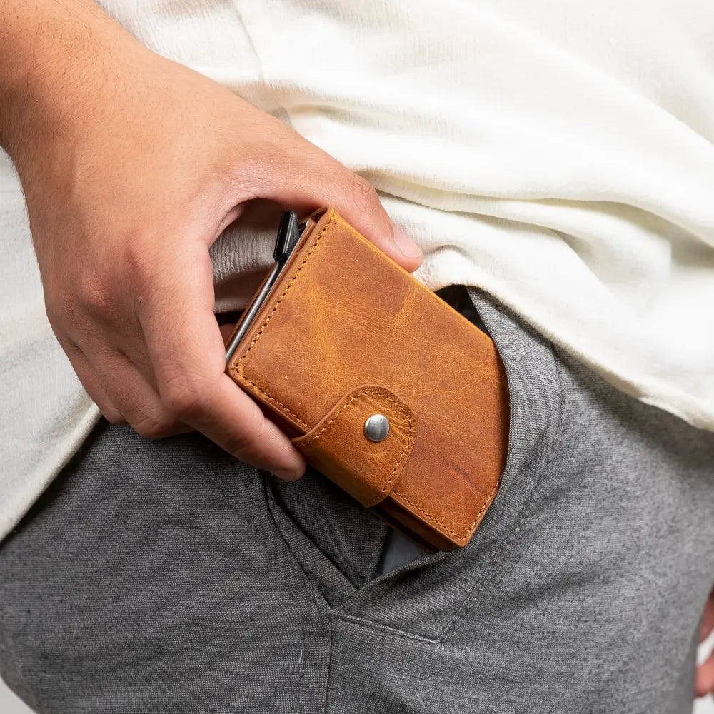 Burnish Leather Pop-Up RFID Blocking Detachable Cardholder Wallet - Bomonti Goods