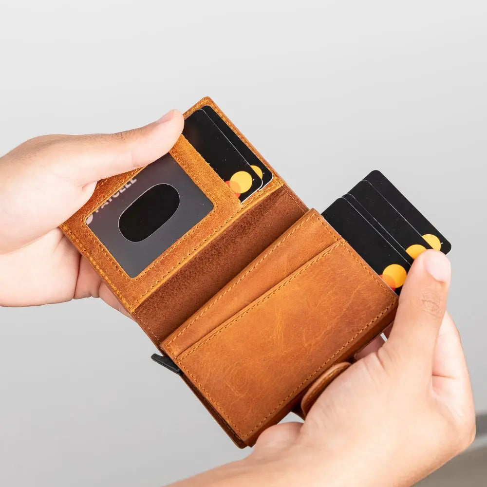 Burnish Leather Pop-Up RFID Blocking Detachable Cardholder Wallet - Bomonti Goods