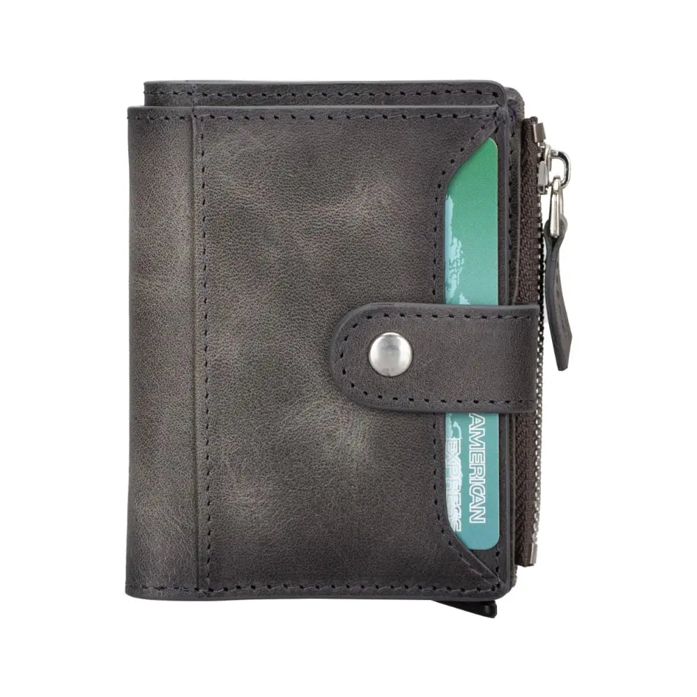 Grey Leather Pop Up Card Wolder Wallet with Zipper Closure Coin Holder Slot – Bomonti