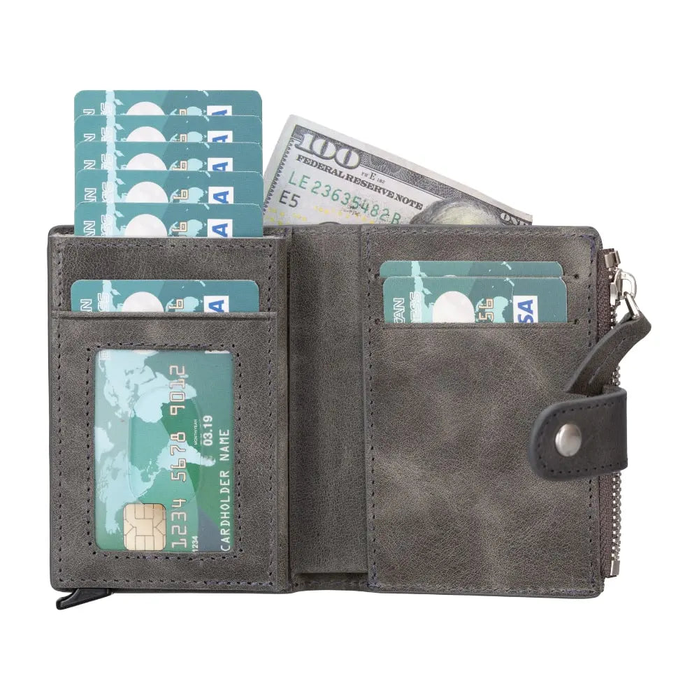 Grey Leather Pop Up Card Wolder Wallet with Zipper Closure Coin Holder Slot – Bomonti