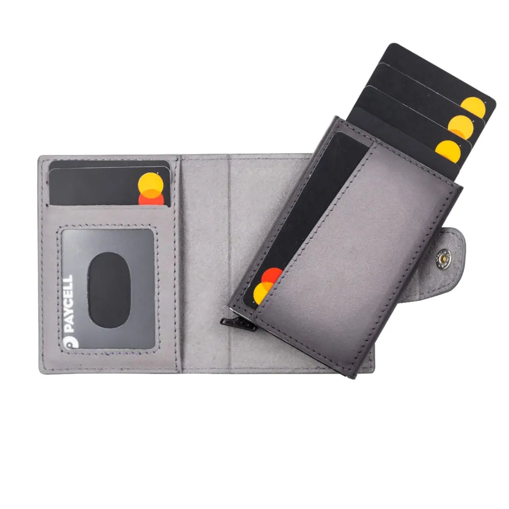 Gray Leather Pop-Up RFID Blocking Detachable Cardholder Wallet - Bomonti Goods