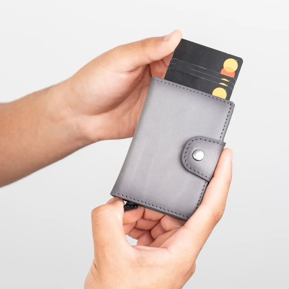 Gray Leather Pop-Up RFID Blocking Detachable Cardholder Wallet - Bomonti Goods