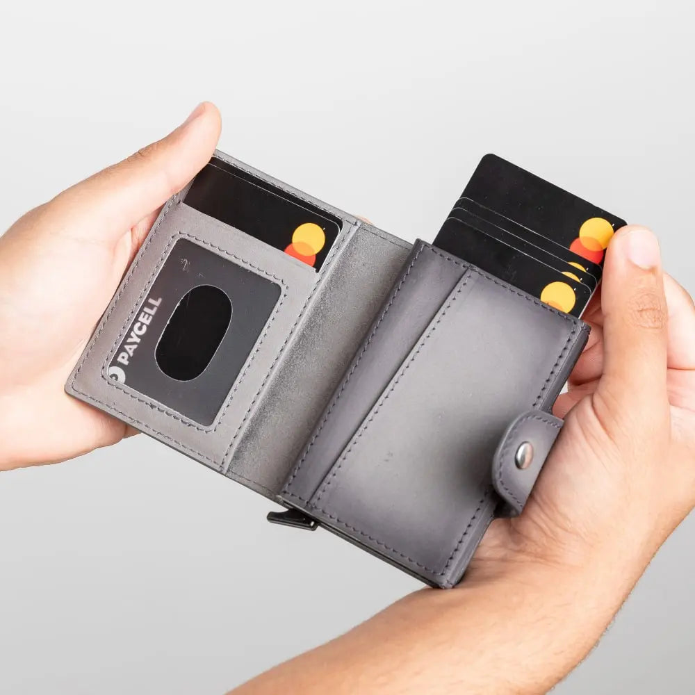 Gray Leather Pop-Up RFID Blocking Detachable Cardholder Wallet - Bomonti Goods
