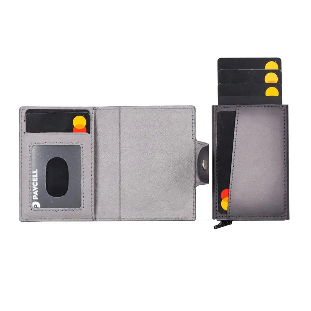 Gray Leather Pop-Up RFID Blocking Detachable Cardholder Wallet - Bomonti Goods