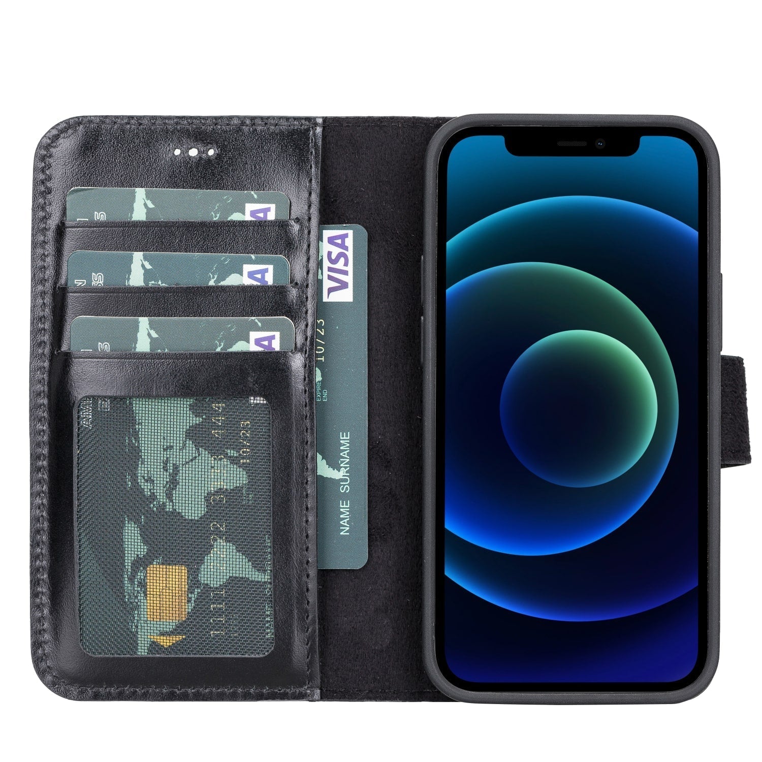 Black Leather iPhone 13 Mini Detachable Bi-Fold RFID Wallet Case with MagSafe & Card Holder - Bomonti - 2