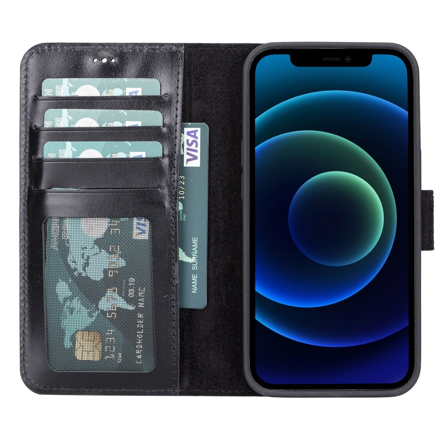 Black Leather iPhone 13 Detachable Bi-Fold RFID Wallet Case with MagSafe & Card Holder - Bomonti - 2