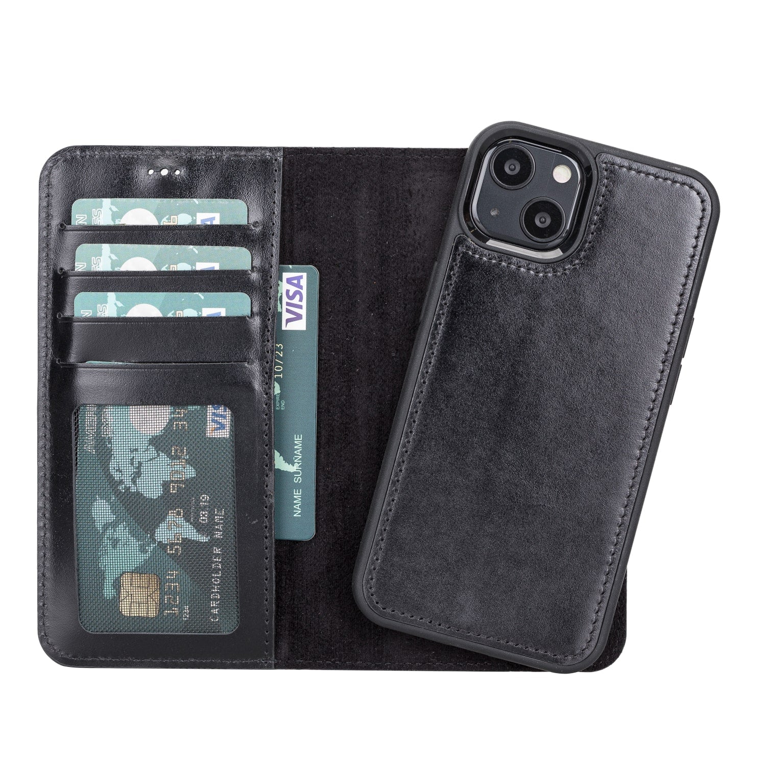 Black Leather iPhone 14 Detachable Bi-Fold RFID Wallet Case with MagSafe & Card Holder - Bomonti -