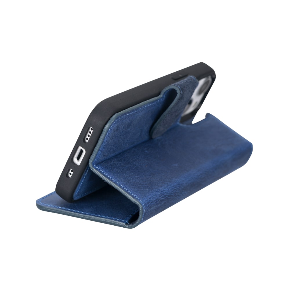 Blue Leather iPhone 13 Mini Detachable Bi-Fold RFID Wallet Case with MagSafe & Card Holder - Bomonti - 7