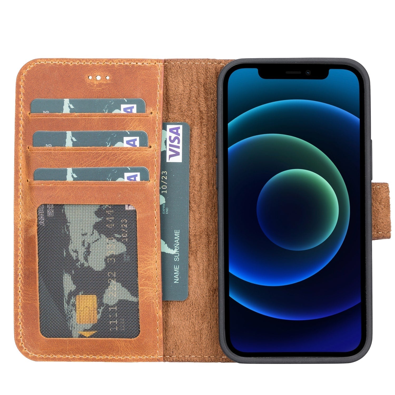 Rustic Brown Leather iPhone 13 Mini Detachable Bi-Fold RFID Wallet Case with MagSafe & Card Holder - Bomonti - 2