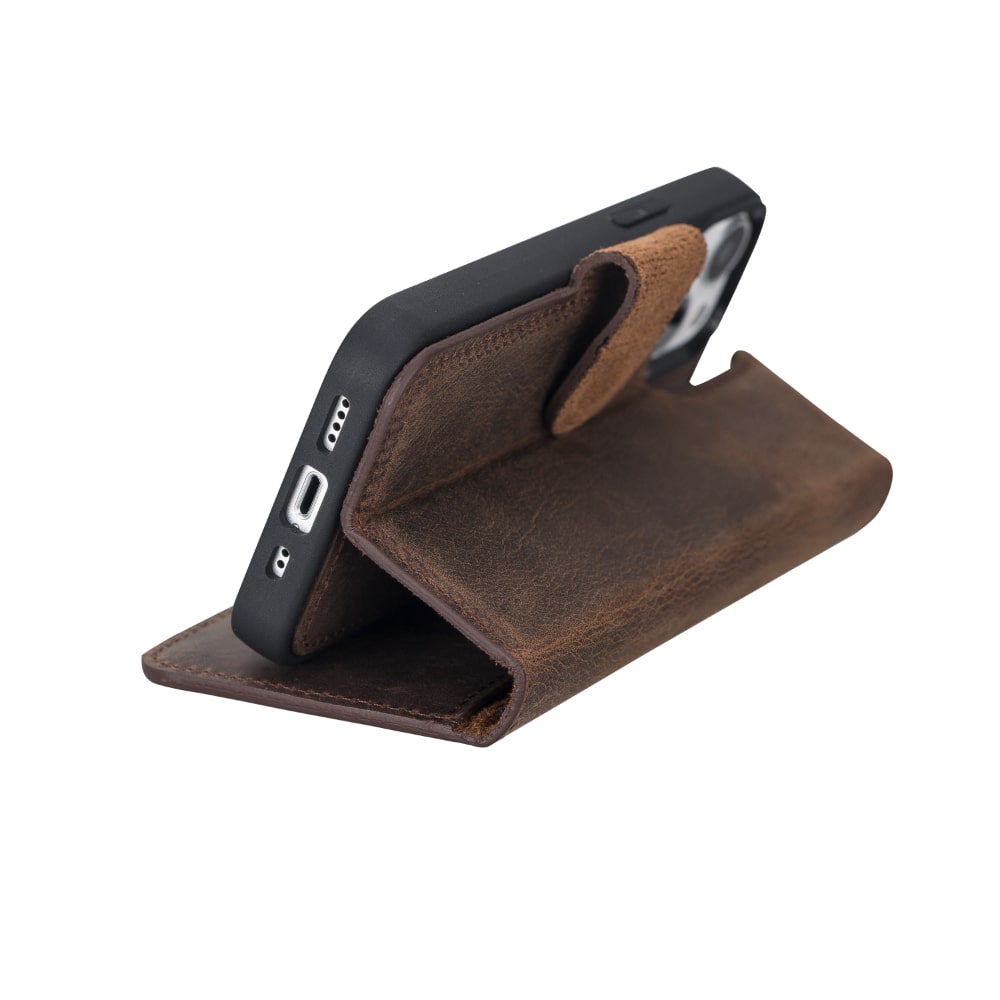Dark Brown Leather iPhone 13 Mini Detachable Bi-Fold RFID Wallet Case with MagSafe & Card Holder - Bomonti - 7