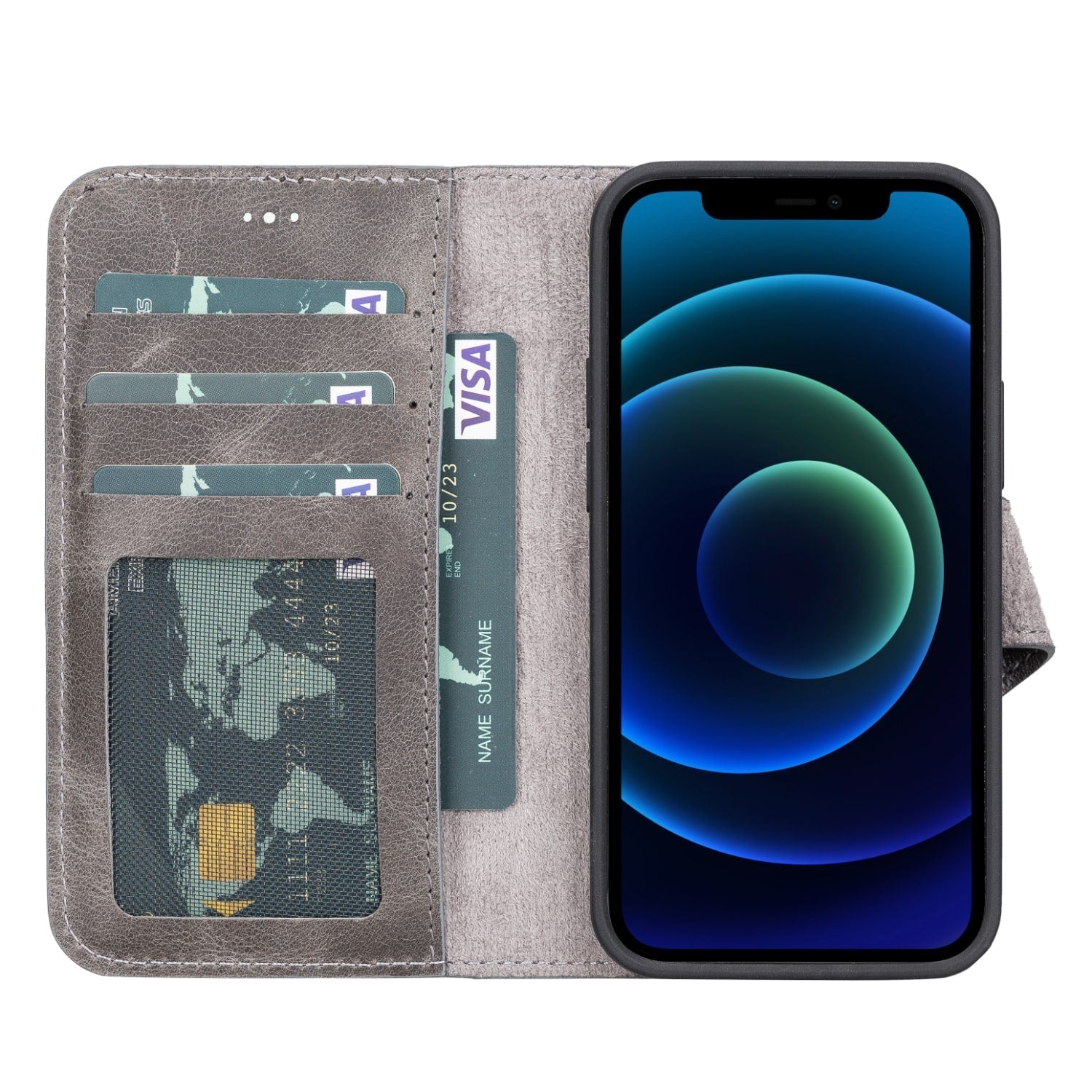 Grey Leather iPhone 13 Mini Detachable Bi-Fold RFID Wallet Case with MagSafe & Card Holder - Bomonti - 2