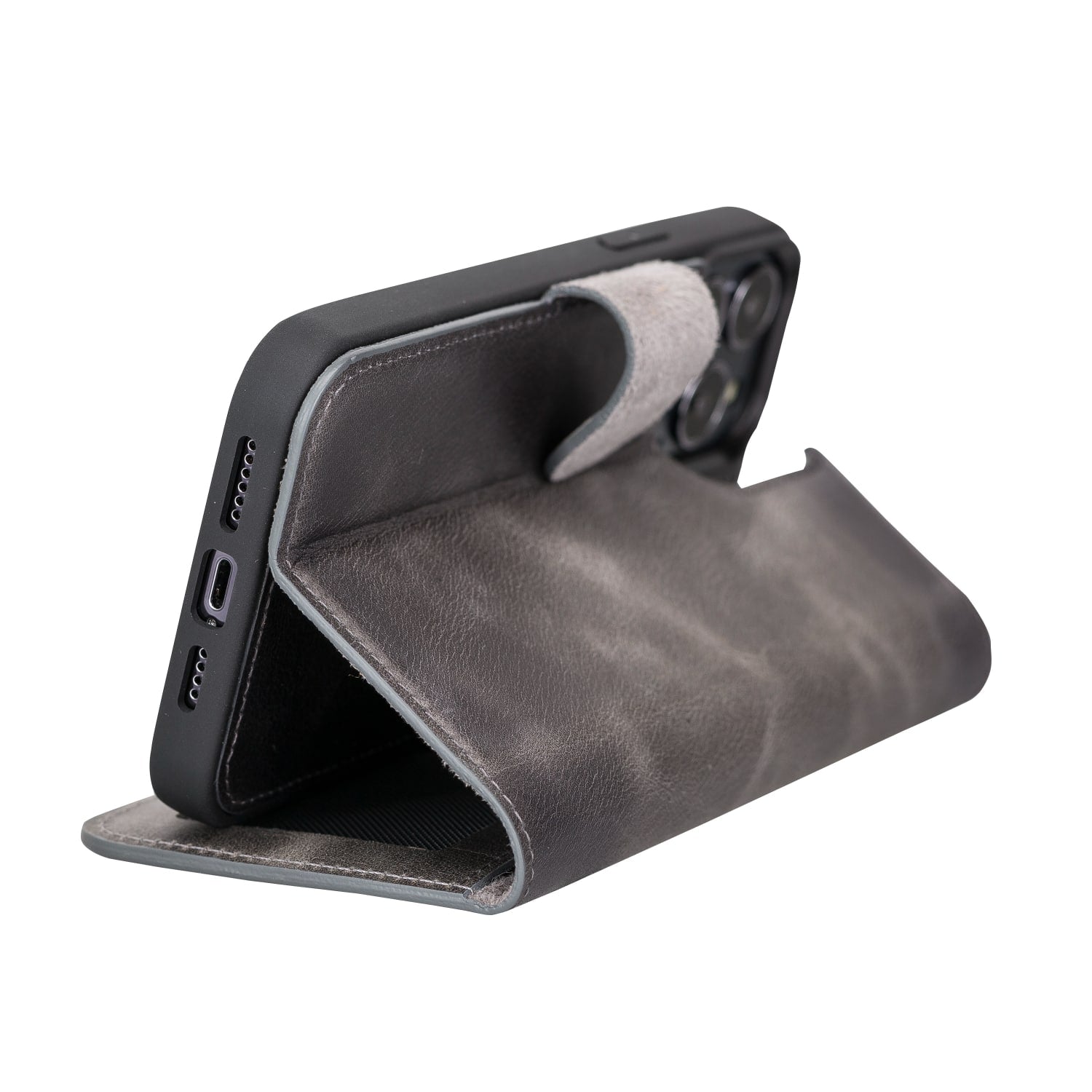 Grey Leather iPhone 13 Pro Max Detachable Bi-Fold RFID Wallet Case with MagSafe & Card Holder - Bomonti - 7