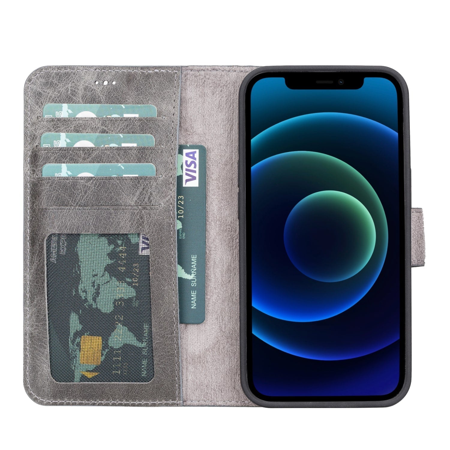 Grey Leather iPhone 13 Detachable Bi-Fold RFID Wallet Case with MagSafe & Card Holder - Bomonti - 2